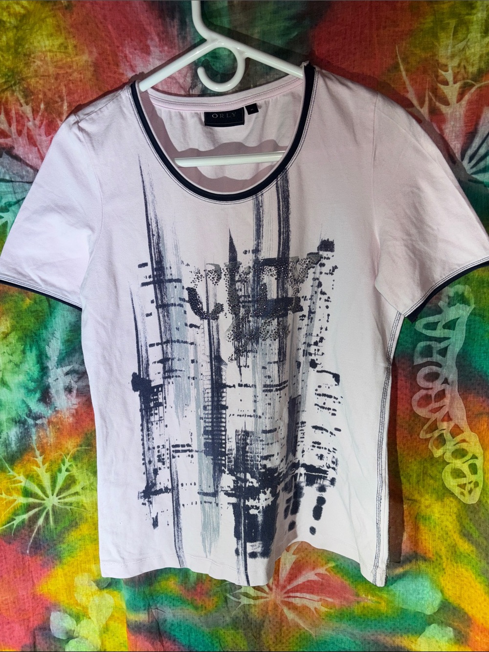 Orlebar Light Pink Short Sleeve Graphic Tee with Black Brushstroke Print